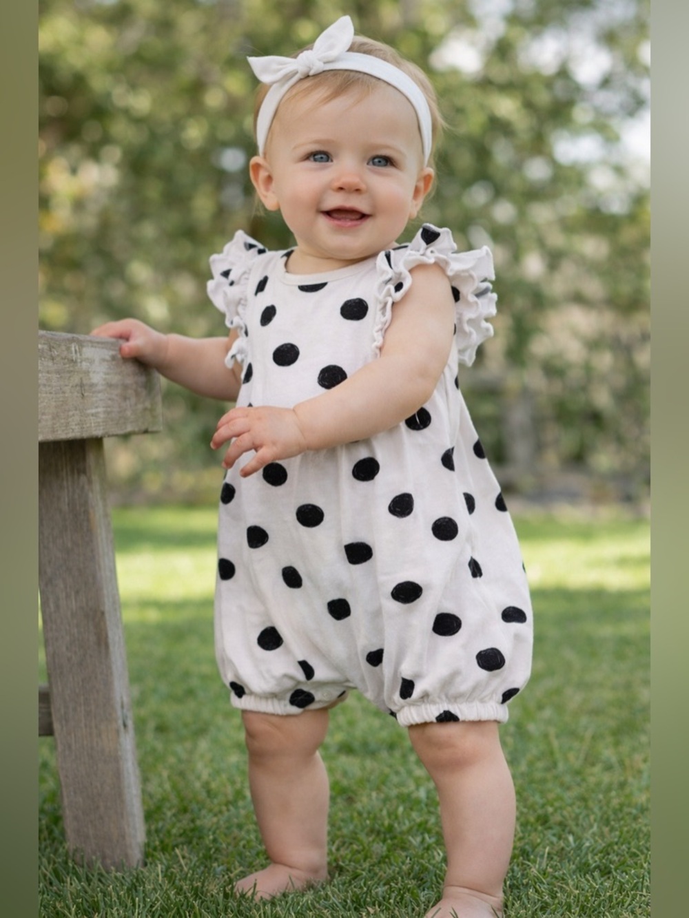 Tucker + Tate Baby Girl Polka Dot Romper Black White Ruffle Sleeve | Size 12M